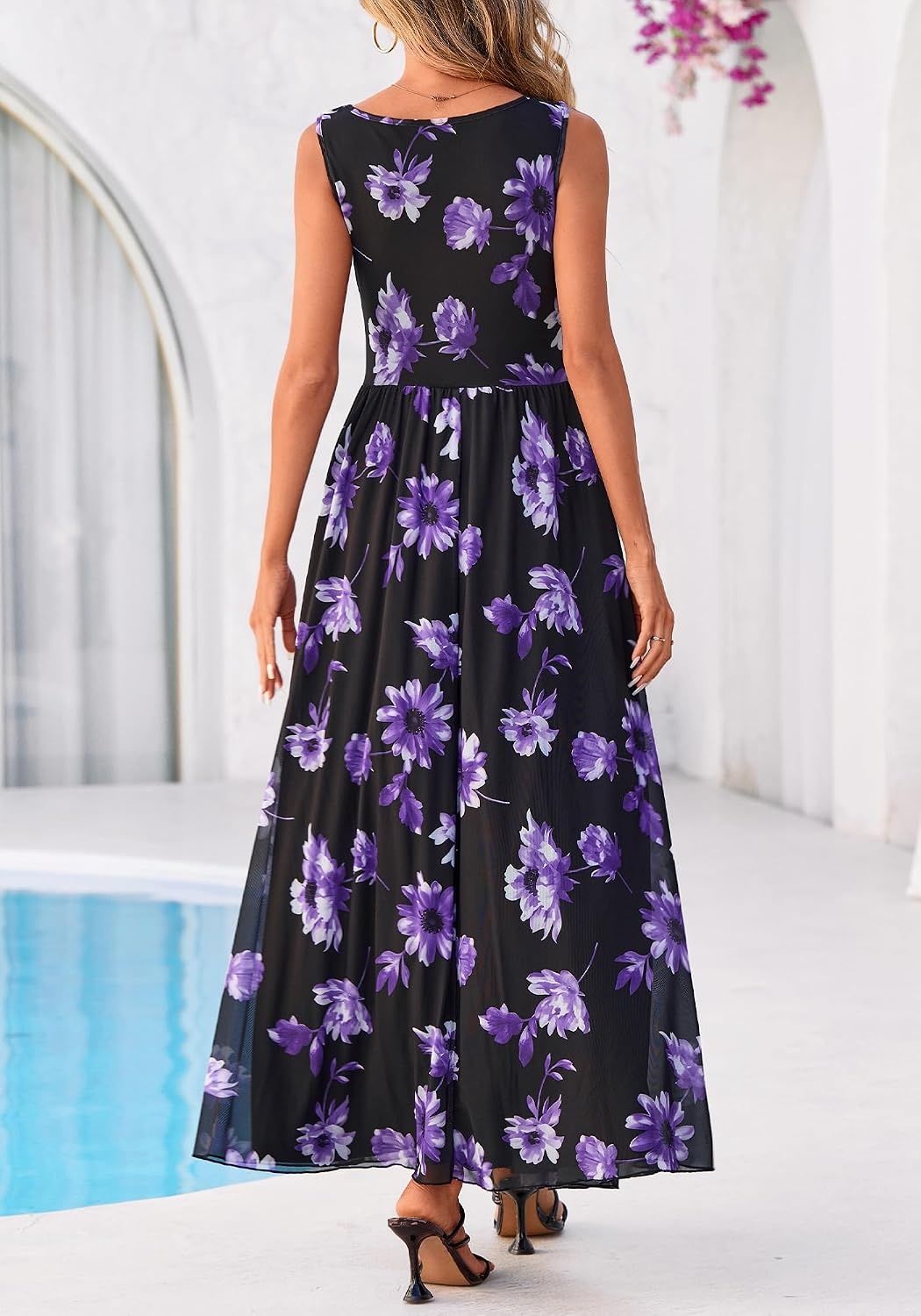 image:imageBTFBM Summer Dresses for Women 2026 Floral Maxi Dress Sleeveless Mesh Flowy Spring Wedding Guest Dress Long SundressesBlack Purple Flower