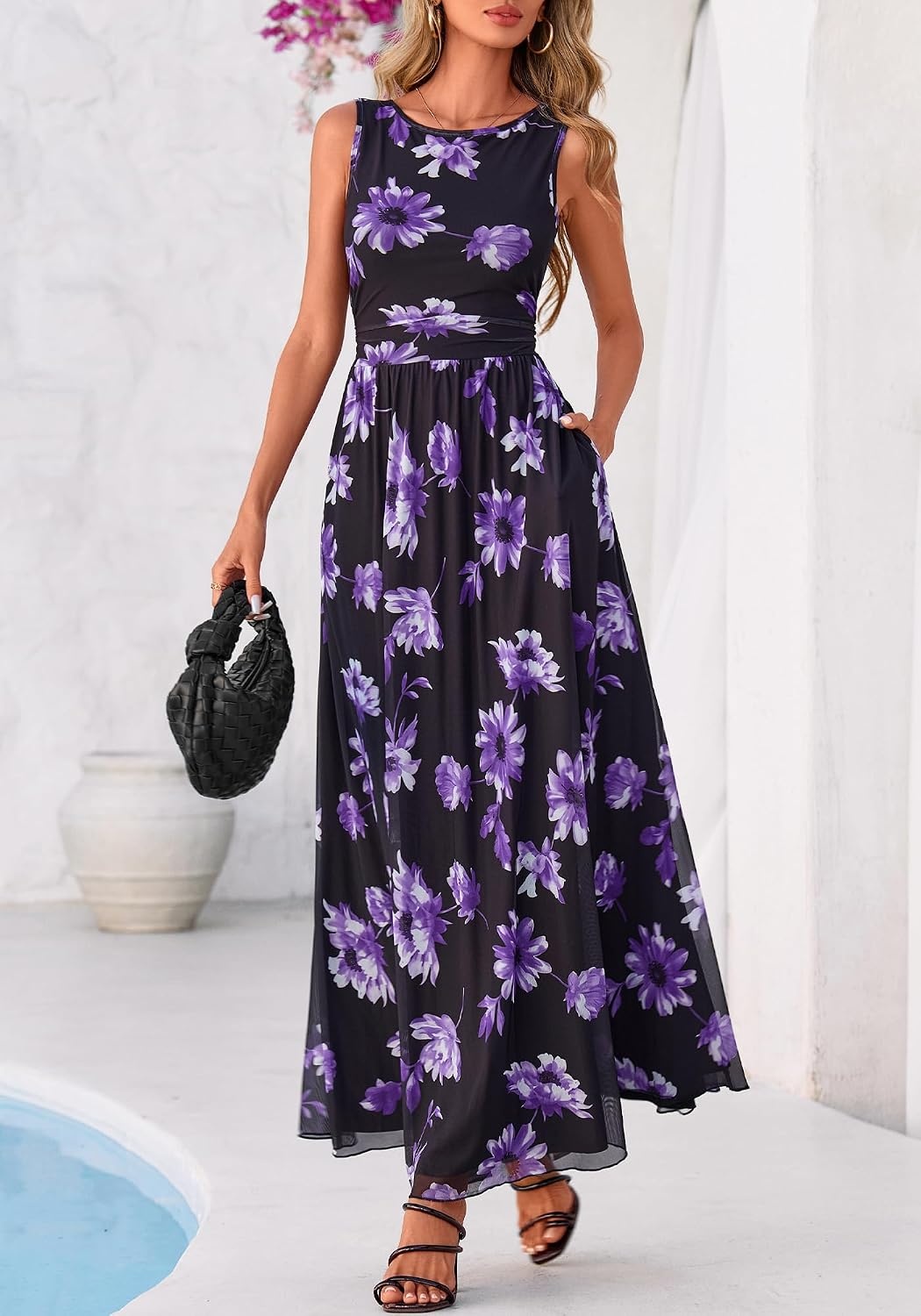 image:imageBTFBM Summer Dresses for Women 2026 Floral Maxi Dress Sleeveless Mesh Flowy Spring Wedding Guest Dress Long SundressesBlack Purple Flower