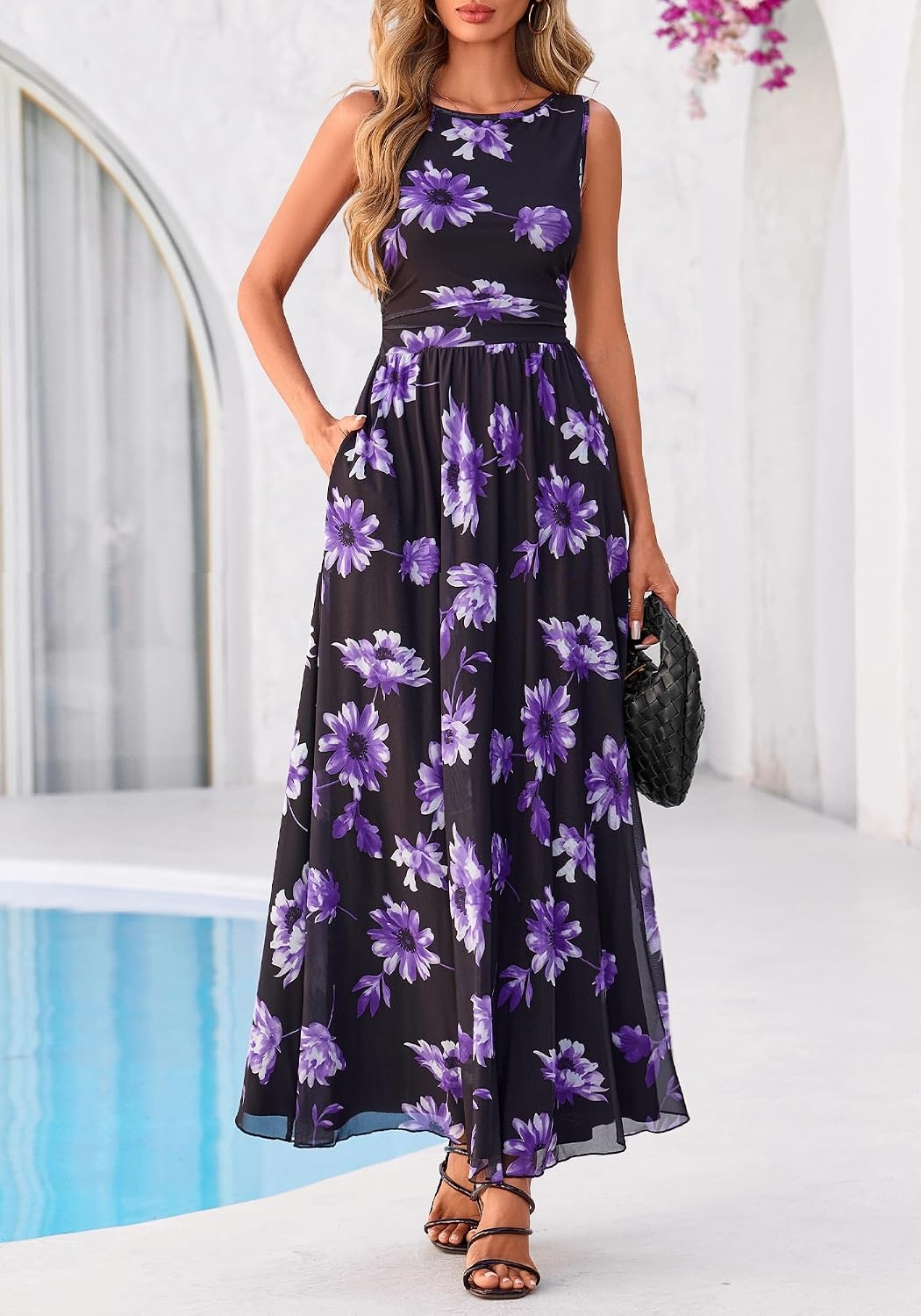 image:imageBTFBM Summer Dresses for Women 2026 Floral Maxi Dress Sleeveless Mesh Flowy Spring Wedding Guest Dress Long SundressesBlack Purple Flower