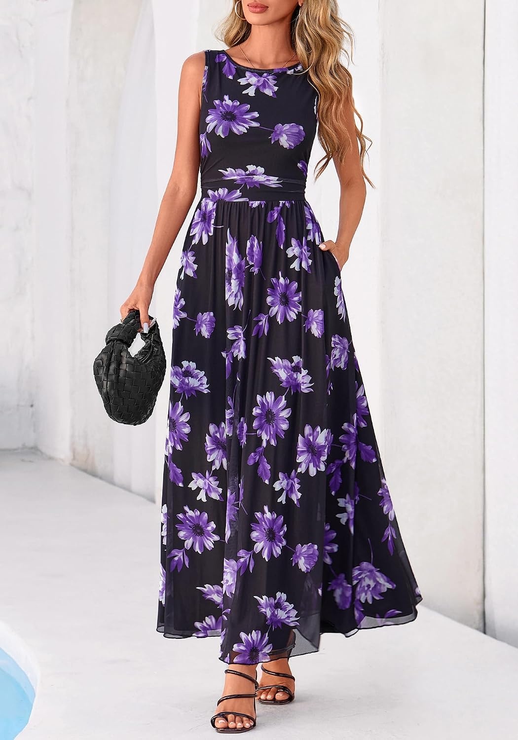 image:imageBTFBM Summer Dresses for Women 2026 Floral Maxi Dress Sleeveless Mesh Flowy Spring Wedding Guest Dress Long SundressesBlack Purple Flower