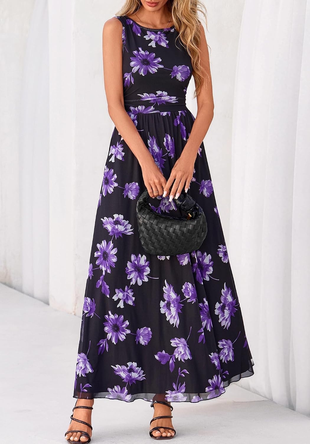 image:imageBTFBM Summer Dresses for Women 2026 Floral Maxi Dress Sleeveless Mesh Flowy Spring Wedding Guest Dress Long SundressesBlack Purple Flower