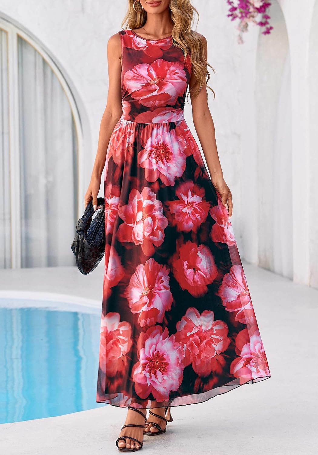 image:imageBTFBM Summer Dresses for Women 2026 Floral Maxi Dress Sleeveless Mesh Flowy Spring Wedding Guest Dress Long SundressesBlack Red Flower