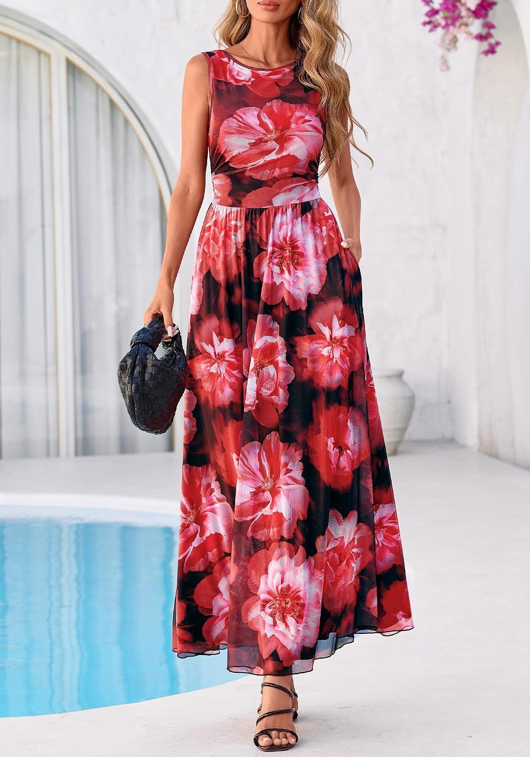 image:imageBTFBM Summer Dresses for Women 2026 Floral Maxi Dress Sleeveless Mesh Flowy Spring Wedding Guest Dress Long SundressesBlack Red Flower
