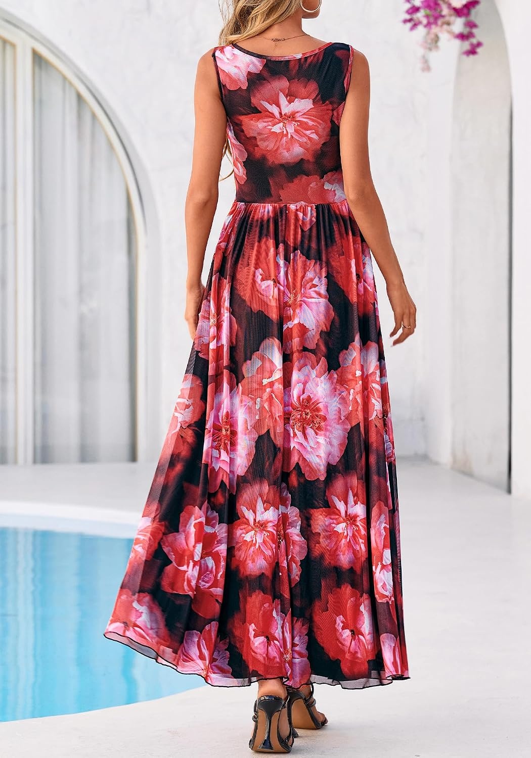 image:imageBTFBM Summer Dresses for Women 2026 Floral Maxi Dress Sleeveless Mesh Flowy Spring Wedding Guest Dress Long SundressesBlack Red Flower