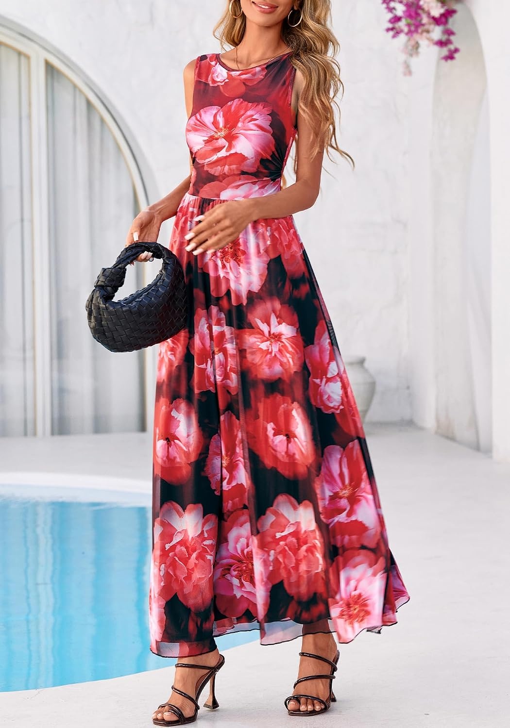 image:imageBTFBM Summer Dresses for Women 2026 Floral Maxi Dress Sleeveless Mesh Flowy Spring Wedding Guest Dress Long SundressesBlack Red Flower