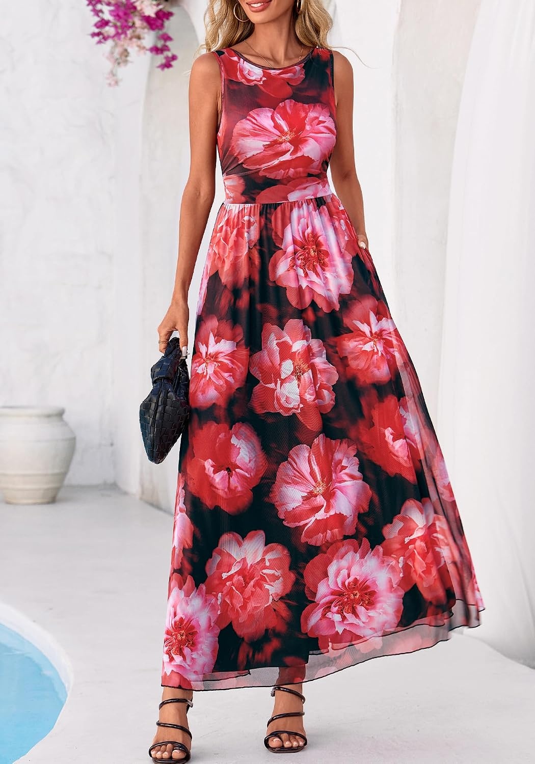 image:imageBTFBM Summer Dresses for Women 2026 Floral Maxi Dress Sleeveless Mesh Flowy Spring Wedding Guest Dress Long SundressesBlack Red Flower
