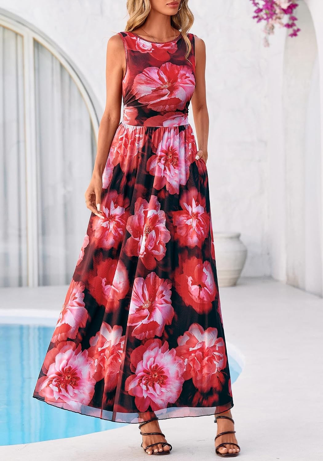 image:imageBTFBM Summer Dresses for Women 2026 Floral Maxi Dress Sleeveless Mesh Flowy Spring Wedding Guest Dress Long SundressesBlack Red Flower