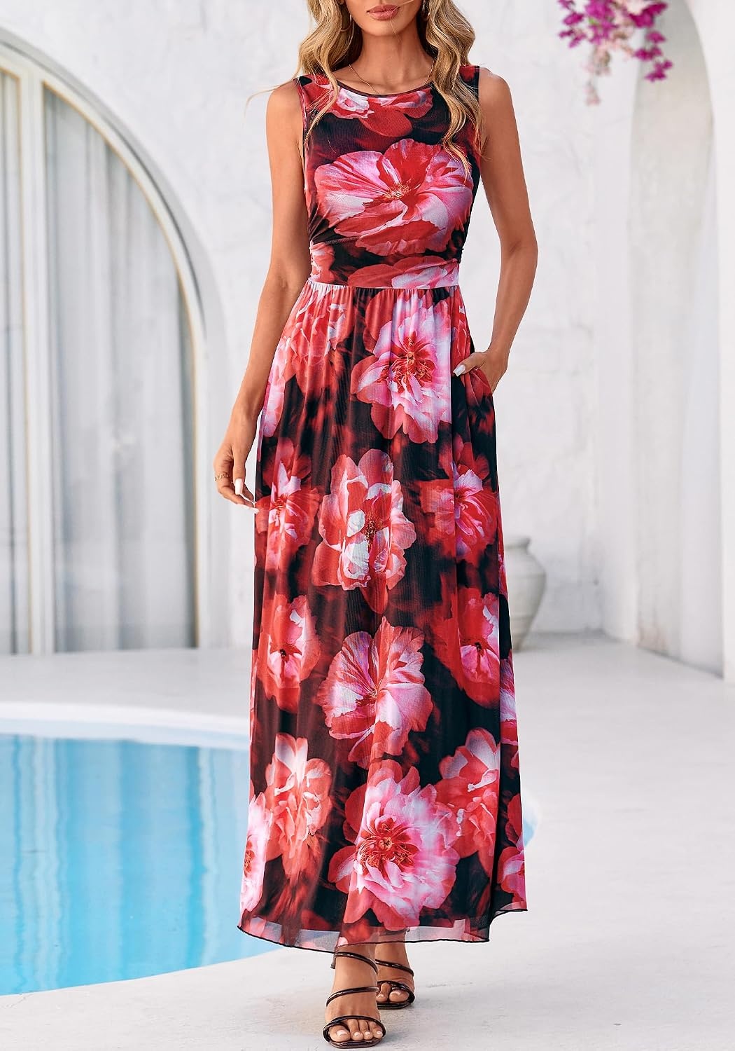 image:imageBTFBM Summer Dresses for Women 2026 Floral Maxi Dress Sleeveless Mesh Flowy Spring Wedding Guest Dress Long SundressesBlack Red Flower