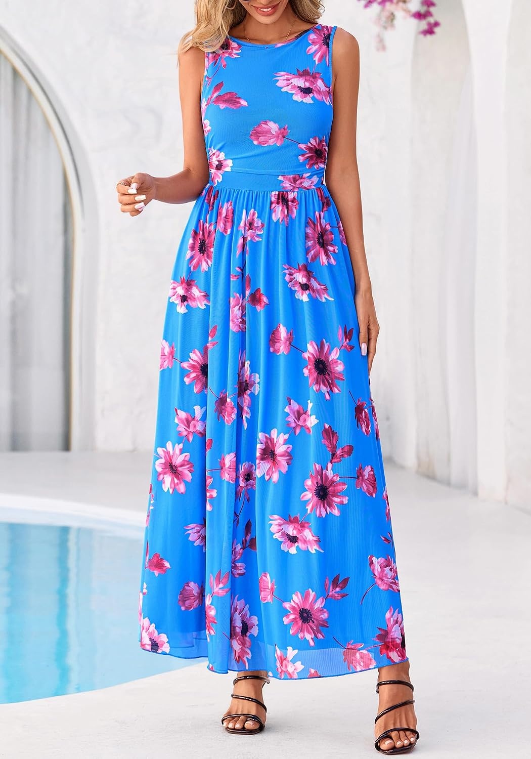 image:imageBTFBM Summer Dresses for Women 2026 Floral Maxi Dress Sleeveless Mesh Flowy Spring Wedding Guest Dress Long SundressesBlue Red Flower