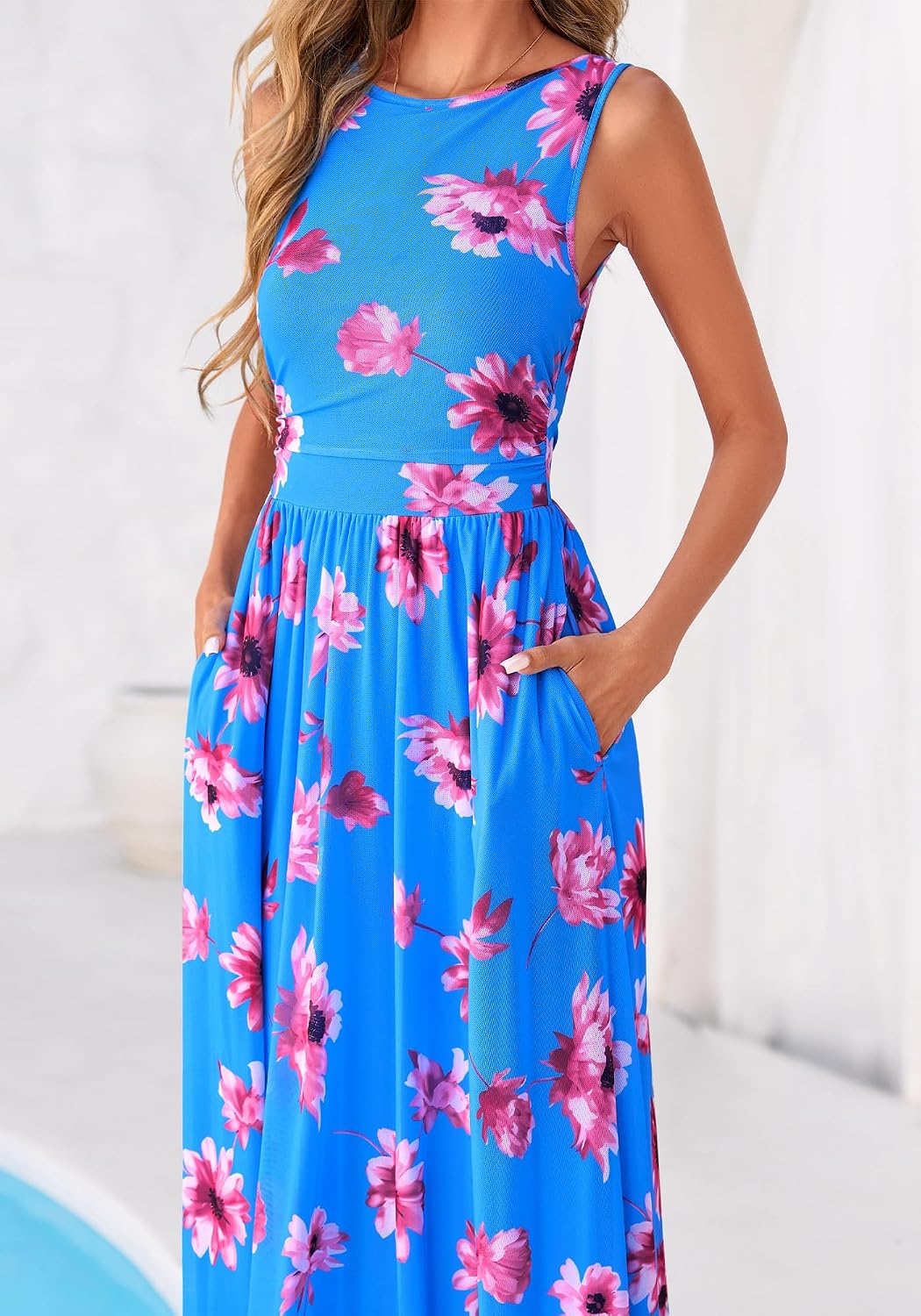 image:imageBTFBM Summer Dresses for Women 2026 Floral Maxi Dress Sleeveless Mesh Flowy Spring Wedding Guest Dress Long SundressesBlue Red Flower