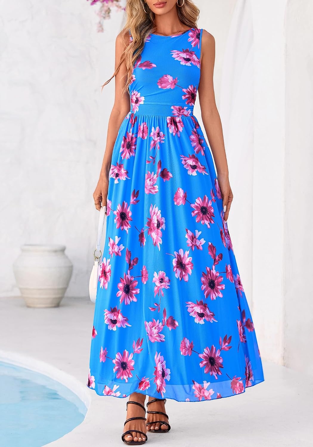 image:imageBTFBM Summer Dresses for Women 2026 Floral Maxi Dress Sleeveless Mesh Flowy Spring Wedding Guest Dress Long SundressesBlue Red Flower
