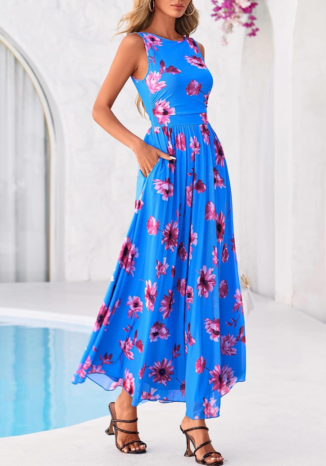 image:imageBTFBM Summer Dresses for Women 2026 Floral Maxi Dress Sleeveless Mesh Flowy Spring Wedding Guest Dress Long SundressesBlue Red Flower
