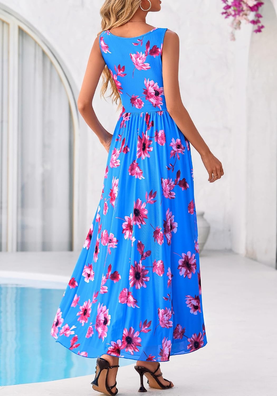 image:imageBTFBM Summer Dresses for Women 2026 Floral Maxi Dress Sleeveless Mesh Flowy Spring Wedding Guest Dress Long SundressesBlue Red Flower