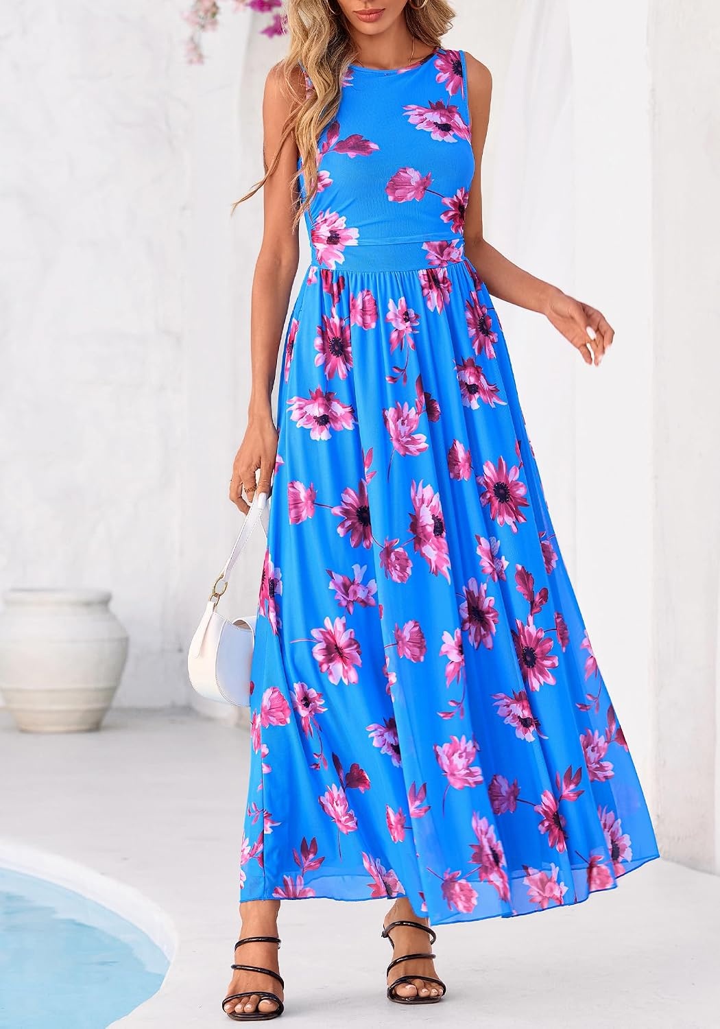 image:imageBTFBM Summer Dresses for Women 2026 Floral Maxi Dress Sleeveless Mesh Flowy Spring Wedding Guest Dress Long SundressesBlue Red Flower