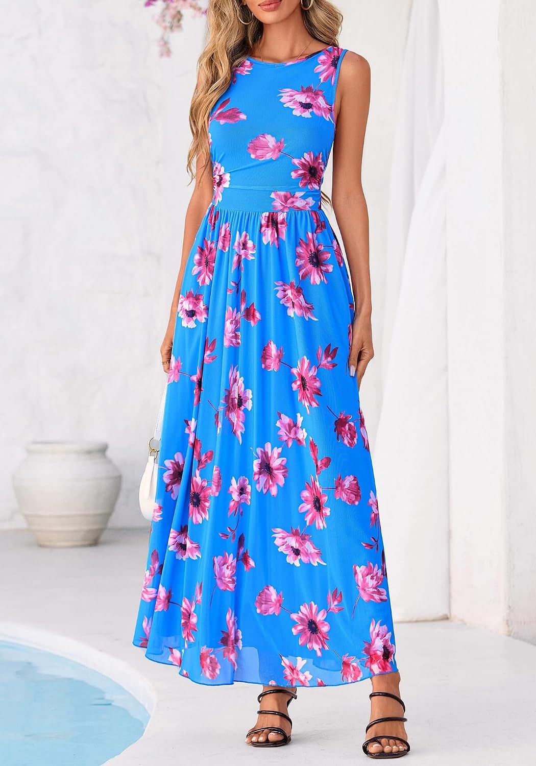 image:imageBTFBM Summer Dresses for Women 2026 Floral Maxi Dress Sleeveless Mesh Flowy Spring Wedding Guest Dress Long SundressesBlue Red Flower