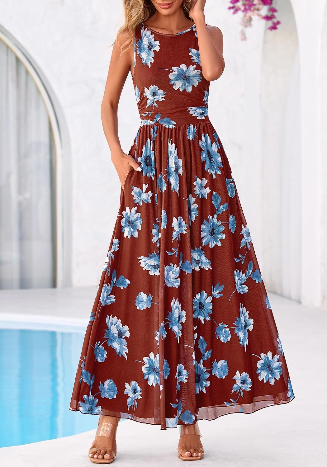 image:imageBTFBM Summer Dresses for Women 2026 Floral Maxi Dress Sleeveless Mesh Flowy Spring Wedding Guest Dress Long SundressesBrown Blue Flower
