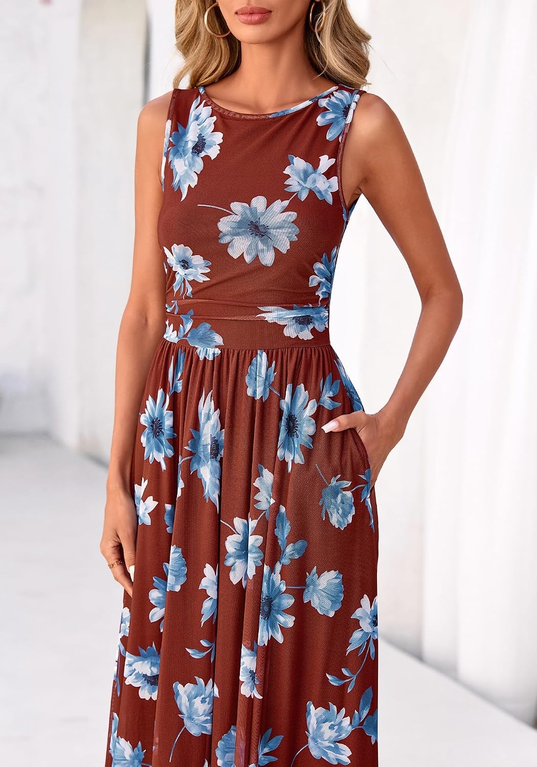 image:imageBTFBM Summer Dresses for Women 2026 Floral Maxi Dress Sleeveless Mesh Flowy Spring Wedding Guest Dress Long SundressesBrown Blue Flower