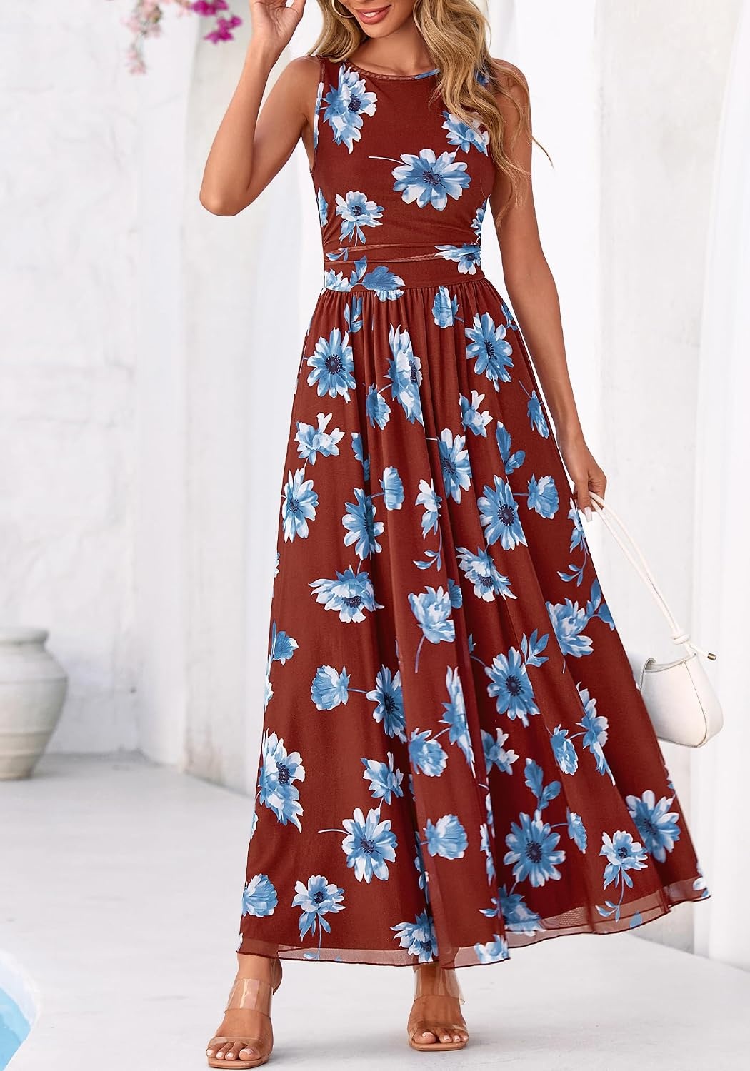image:imageBTFBM Summer Dresses for Women 2026 Floral Maxi Dress Sleeveless Mesh Flowy Spring Wedding Guest Dress Long SundressesBrown Blue Flower