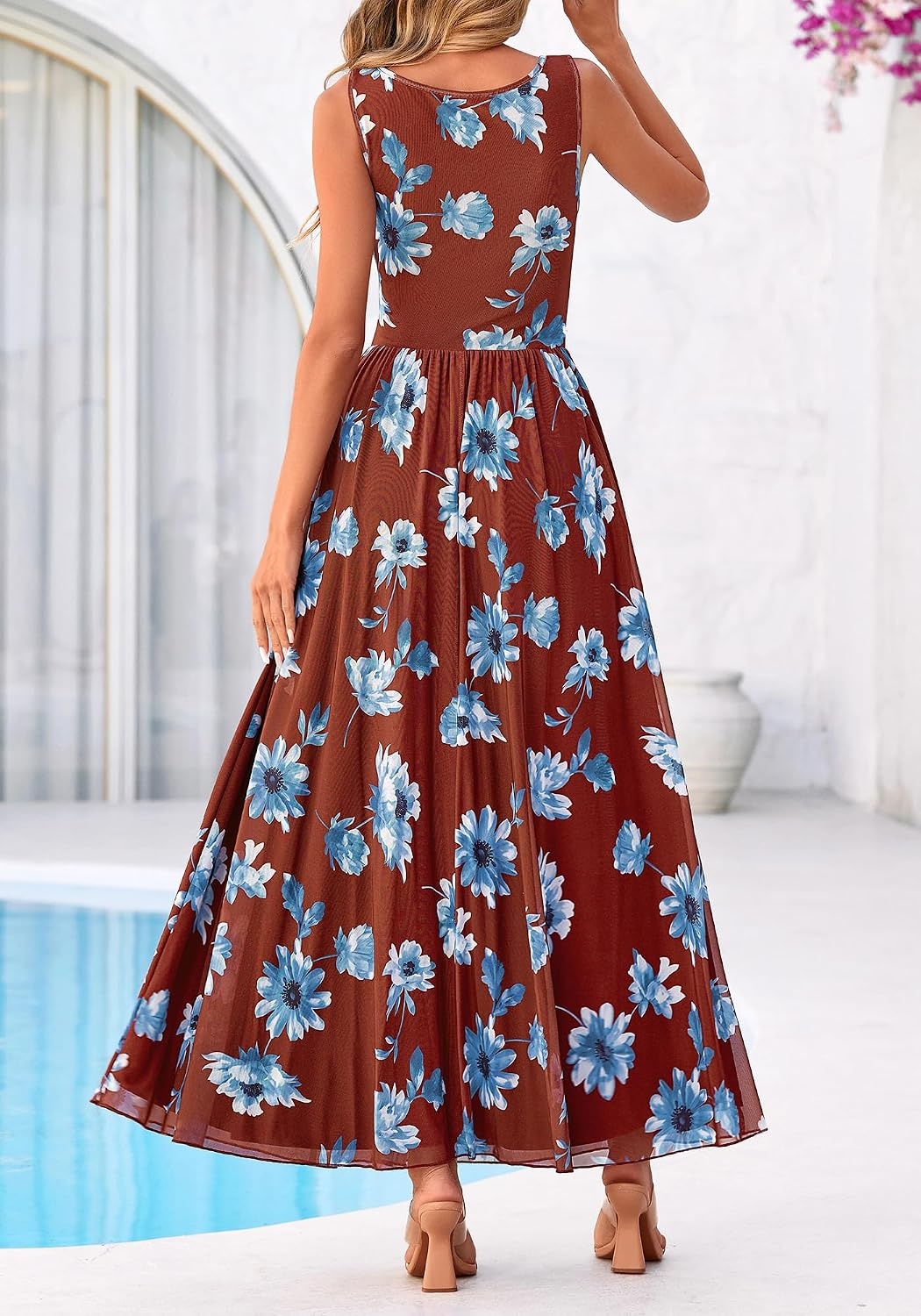 image:imageBTFBM Summer Dresses for Women 2026 Floral Maxi Dress Sleeveless Mesh Flowy Spring Wedding Guest Dress Long SundressesBrown Blue Flower