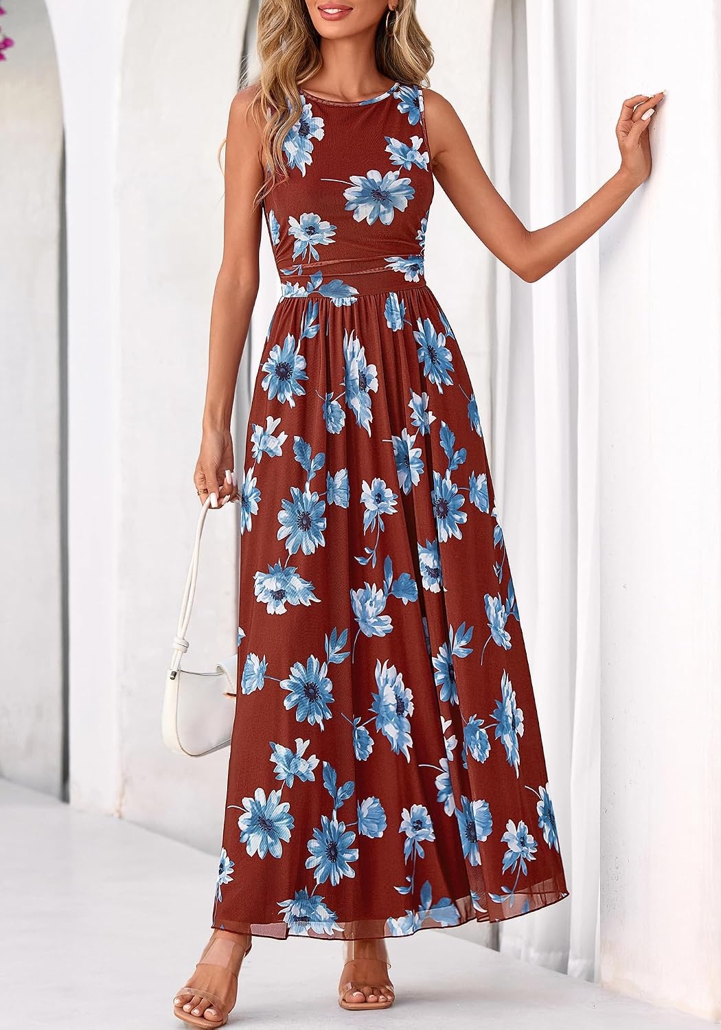 image:imageBTFBM Summer Dresses for Women 2026 Floral Maxi Dress Sleeveless Mesh Flowy Spring Wedding Guest Dress Long SundressesBrown Blue Flower
