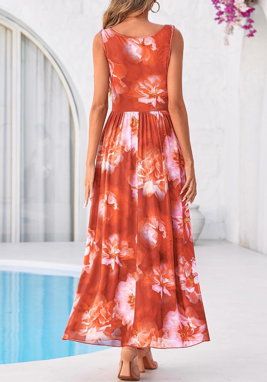 image:imageBTFBM Summer Dresses for Women 2026 Floral Maxi Dress Sleeveless Mesh Flowy Spring Wedding Guest Dress Long SundressesBrown Red Flower