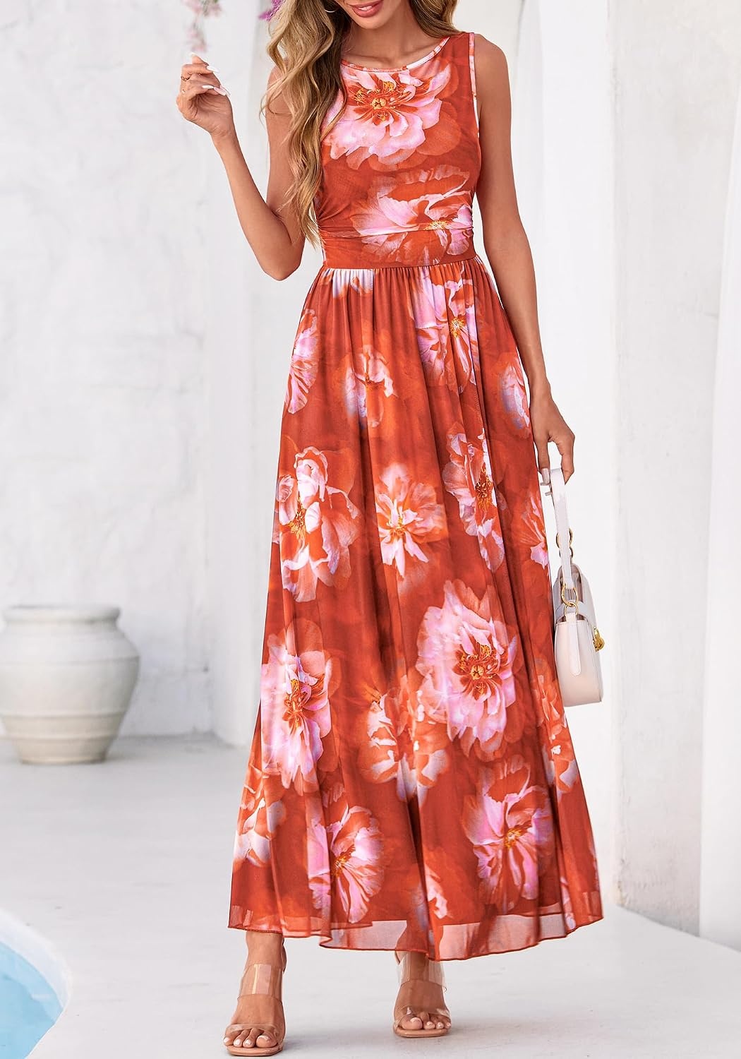 image:imageBTFBM Summer Dresses for Women 2026 Floral Maxi Dress Sleeveless Mesh Flowy Spring Wedding Guest Dress Long SundressesBrown Red Flower