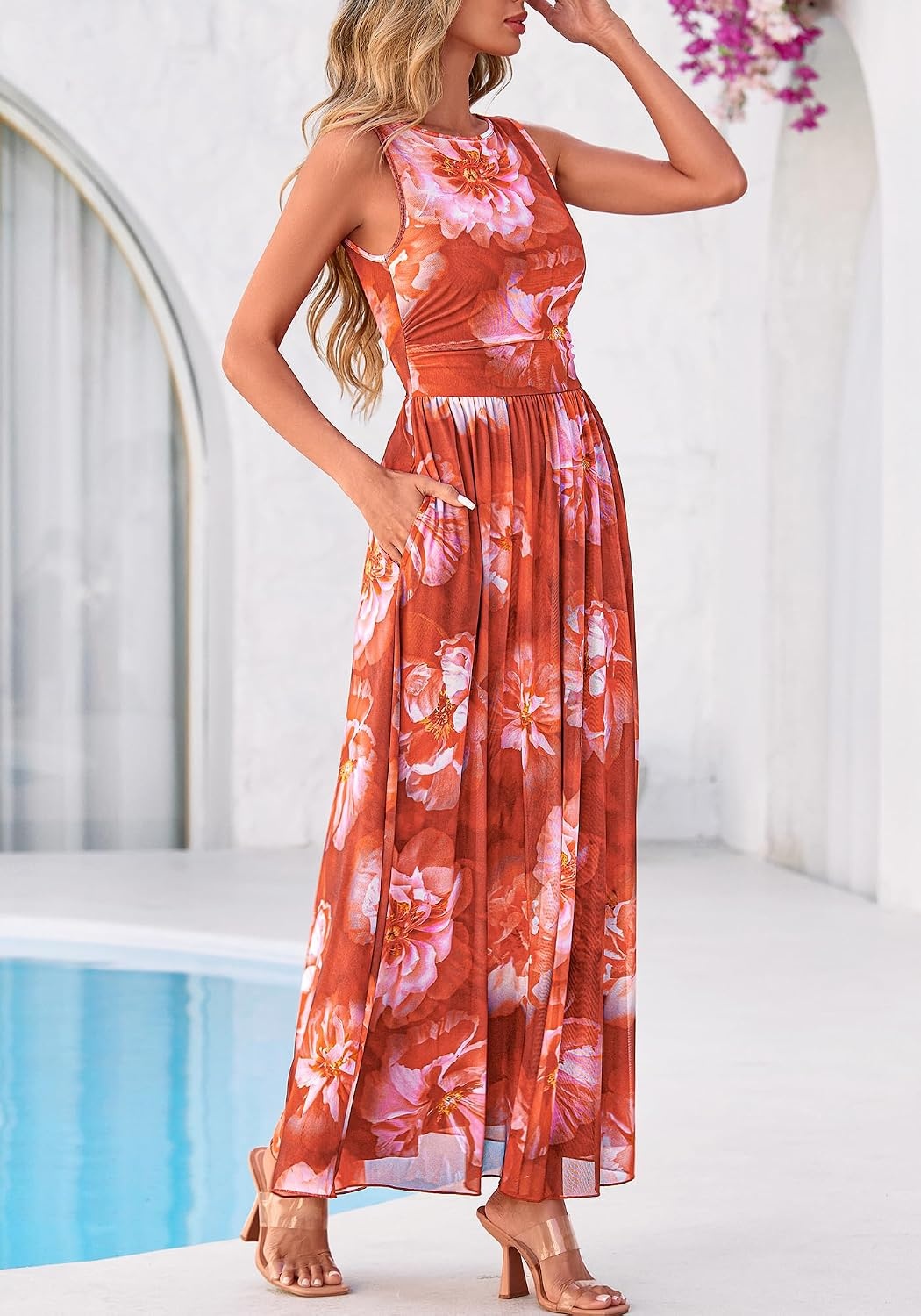 image:imageBTFBM Summer Dresses for Women 2026 Floral Maxi Dress Sleeveless Mesh Flowy Spring Wedding Guest Dress Long SundressesBrown Red Flower