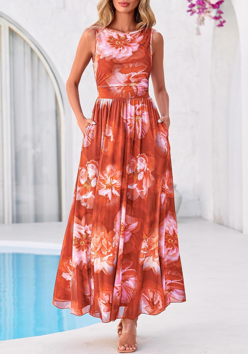 image:imageBTFBM Summer Dresses for Women 2026 Floral Maxi Dress Sleeveless Mesh Flowy Spring Wedding Guest Dress Long SundressesBrown Red Flower