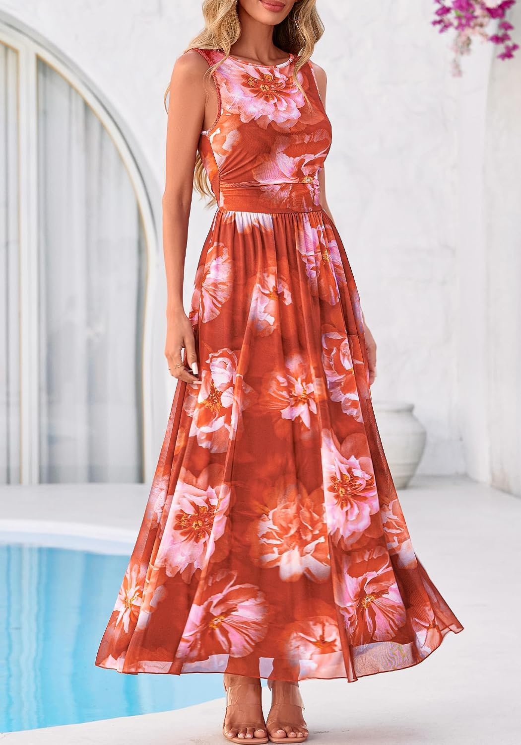 image:imageBTFBM Summer Dresses for Women 2026 Floral Maxi Dress Sleeveless Mesh Flowy Spring Wedding Guest Dress Long SundressesBrown Red Flower