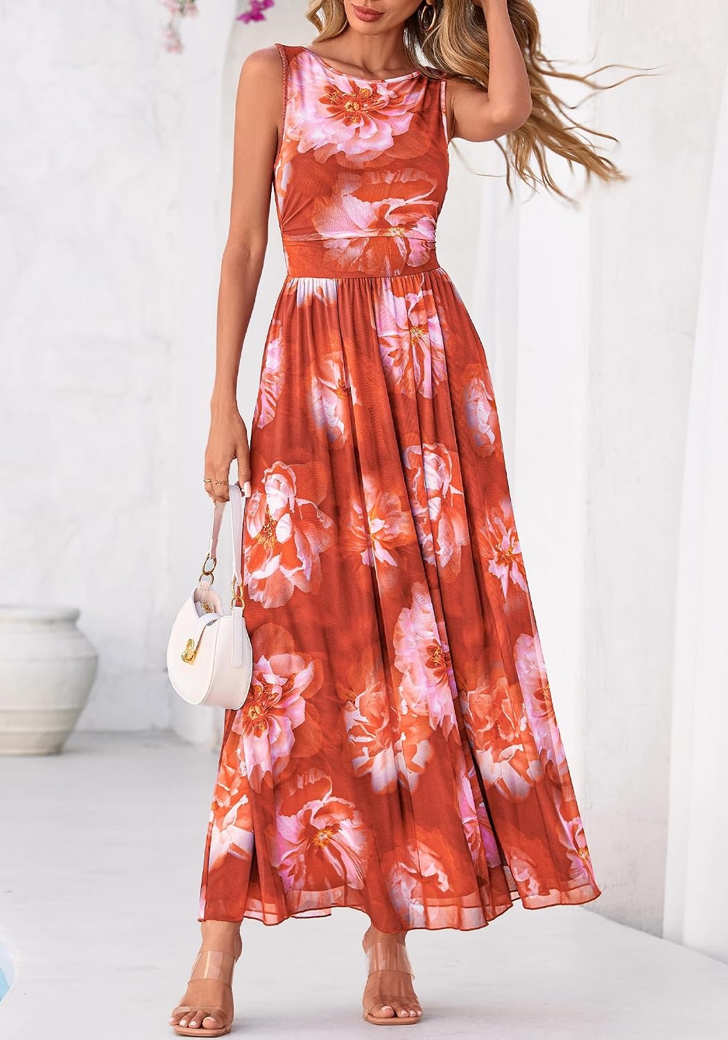 image:imageBTFBM Summer Dresses for Women 2026 Floral Maxi Dress Sleeveless Mesh Flowy Spring Wedding Guest Dress Long SundressesBrown Red Flower