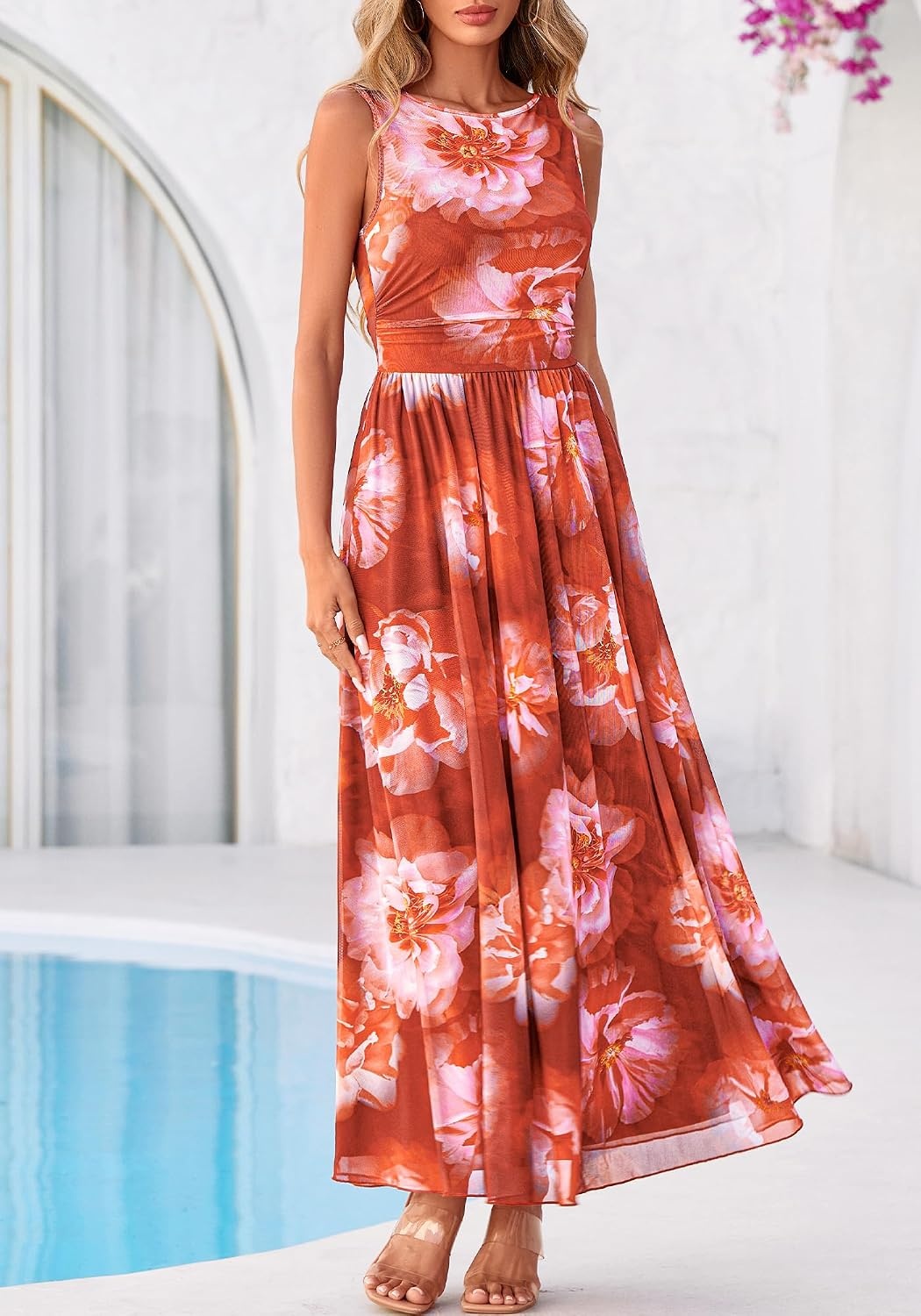 image:imageBTFBM Summer Dresses for Women 2026 Floral Maxi Dress Sleeveless Mesh Flowy Spring Wedding Guest Dress Long SundressesBrown Red Flower
