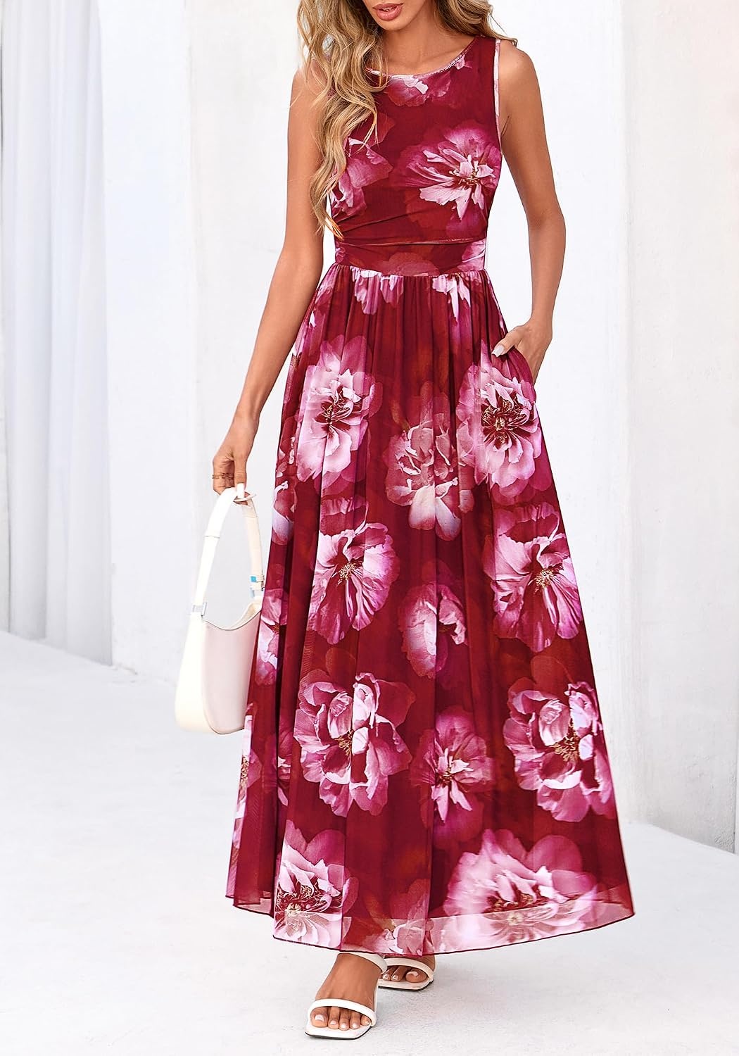 image:imageBTFBM Summer Dresses for Women 2026 Floral Maxi Dress Sleeveless Mesh Flowy Spring Wedding Guest Dress Long SundressesWine Red Flower