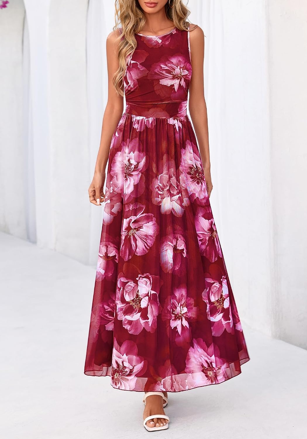 image:imageBTFBM Summer Dresses for Women 2026 Floral Maxi Dress Sleeveless Mesh Flowy Spring Wedding Guest Dress Long SundressesWine Red Flower