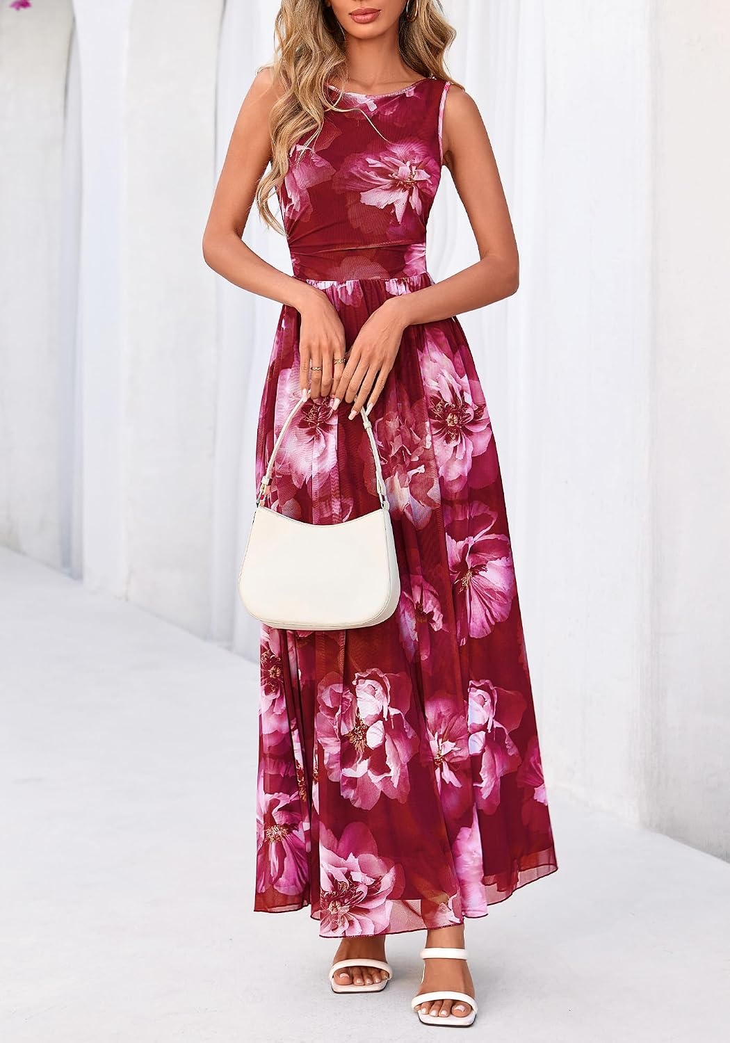image:imageBTFBM Summer Dresses for Women 2026 Floral Maxi Dress Sleeveless Mesh Flowy Spring Wedding Guest Dress Long SundressesWine Red Flower