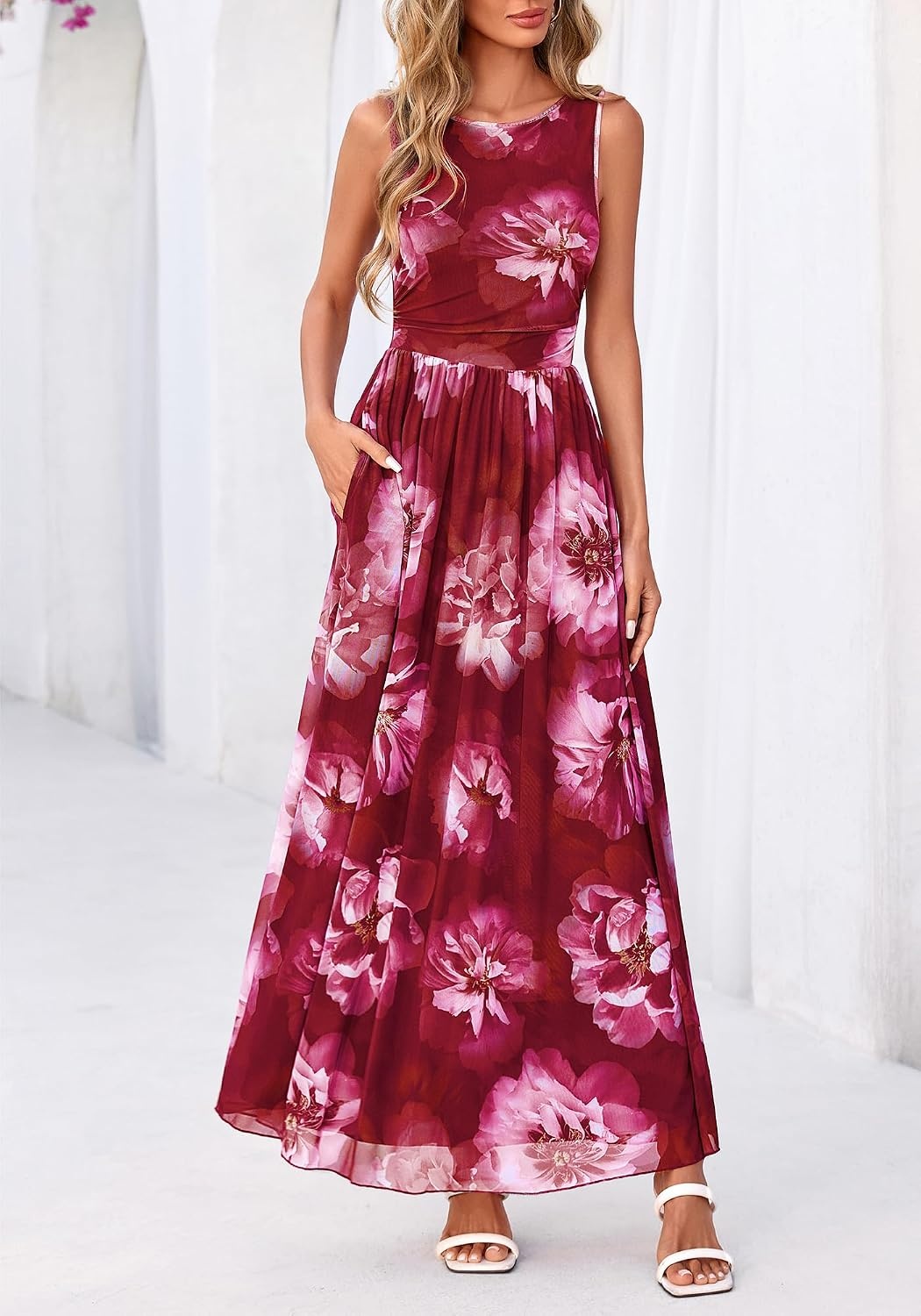 image:imageBTFBM Summer Dresses for Women 2026 Floral Maxi Dress Sleeveless Mesh Flowy Spring Wedding Guest Dress Long SundressesWine Red Flower