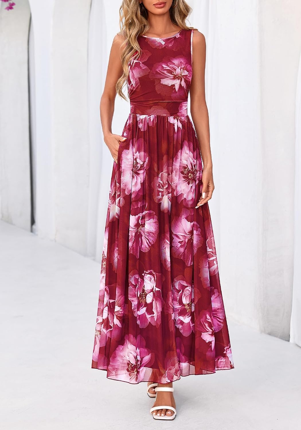 image:imageBTFBM Summer Dresses for Women 2026 Floral Maxi Dress Sleeveless Mesh Flowy Spring Wedding Guest Dress Long SundressesWine Red Flower