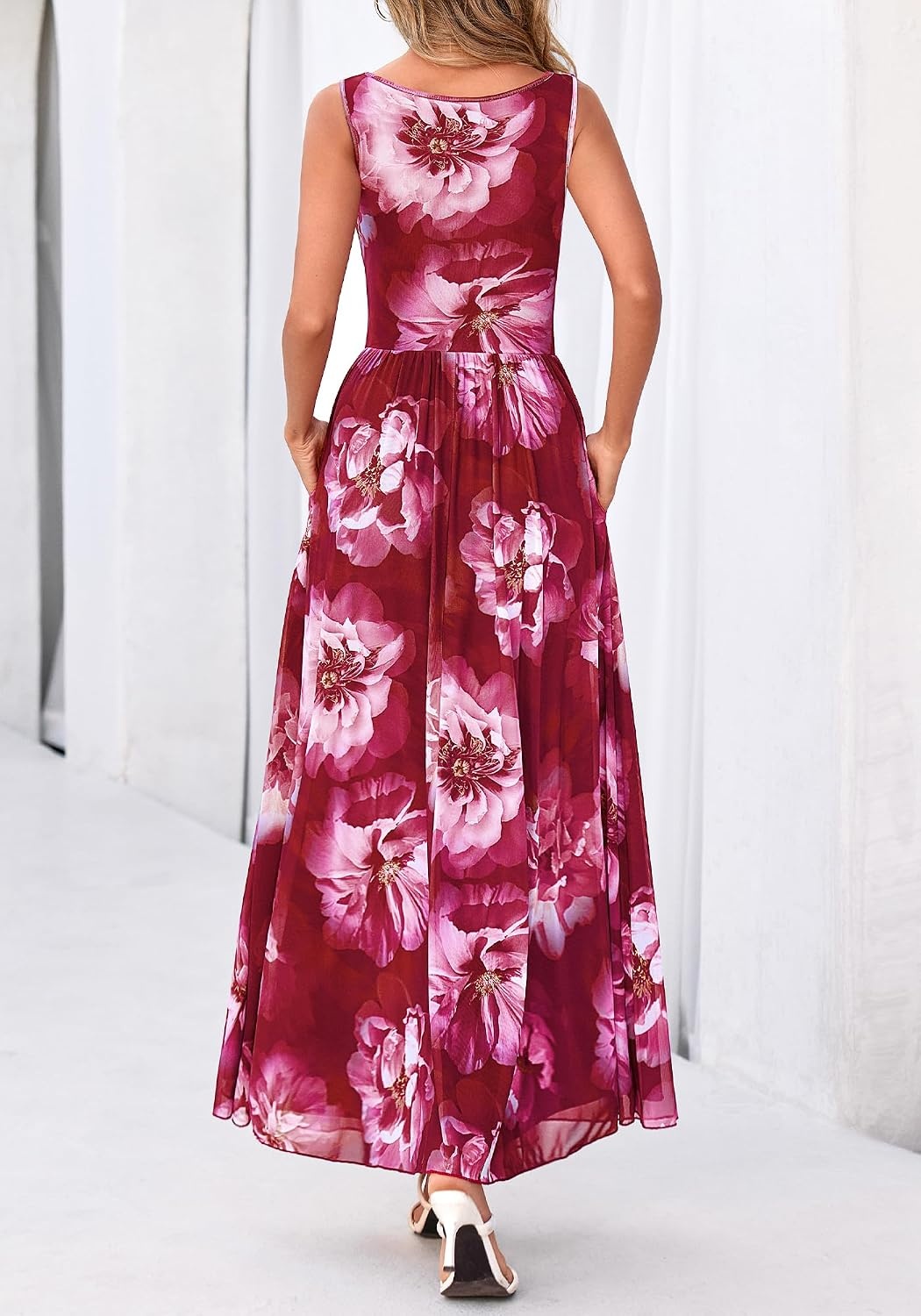 image:imageBTFBM Summer Dresses for Women 2026 Floral Maxi Dress Sleeveless Mesh Flowy Spring Wedding Guest Dress Long SundressesWine Red Flower