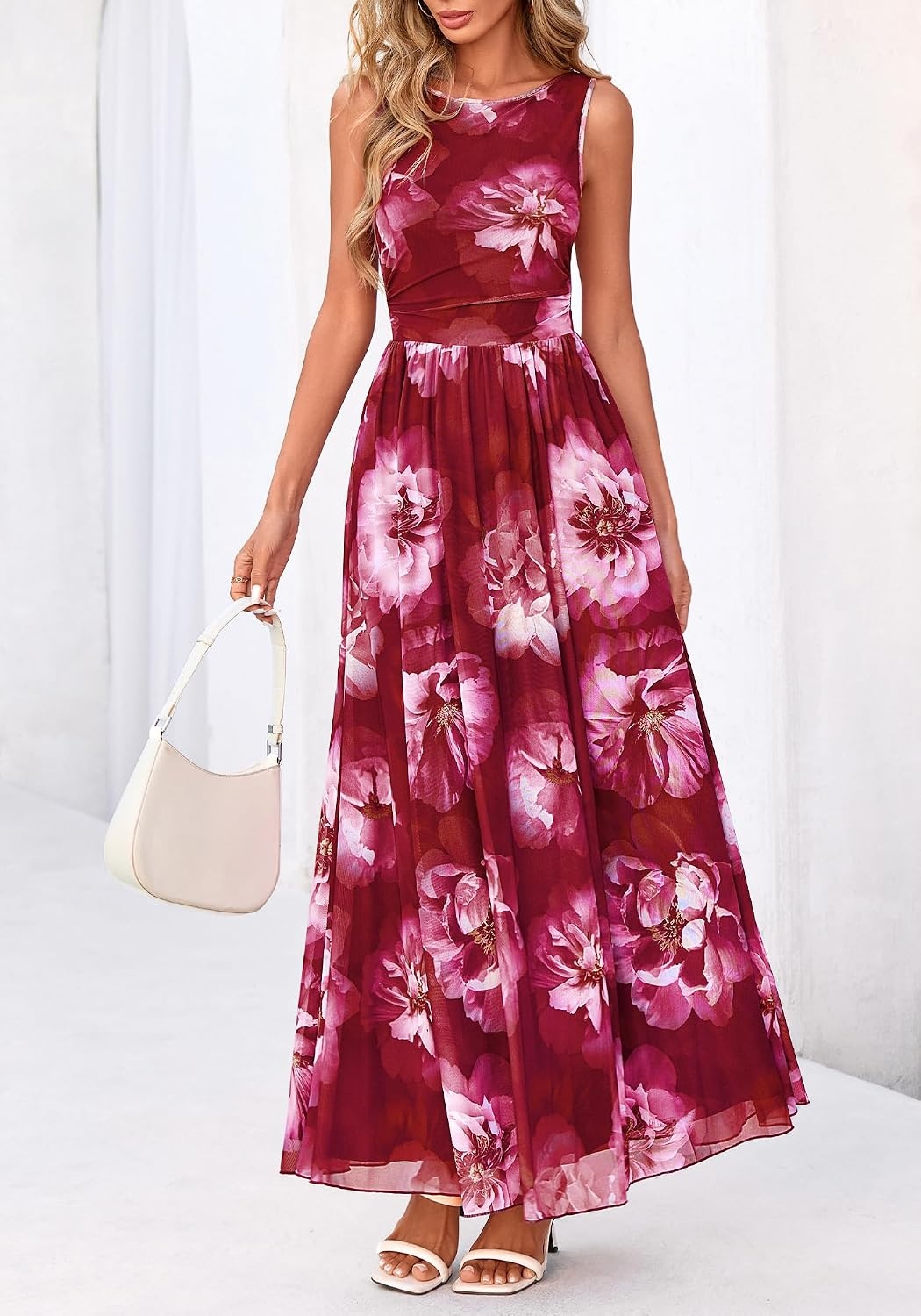 image:imageBTFBM Summer Dresses for Women 2026 Floral Maxi Dress Sleeveless Mesh Flowy Spring Wedding Guest Dress Long SundressesWine Red Flower