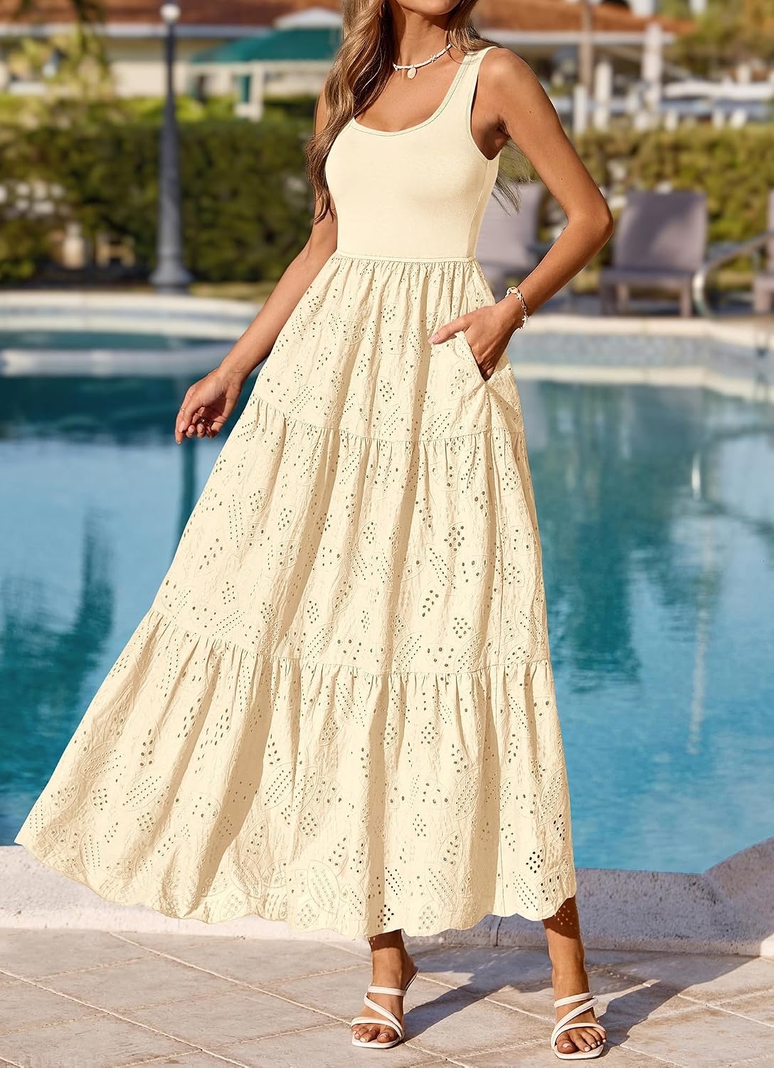 image:imageBTFBM Summer Eyelet Dress for Women Sundresses Casual Boho Sleeveless A Line Flowy 2026 Spring Outfits Midi DressesApricot