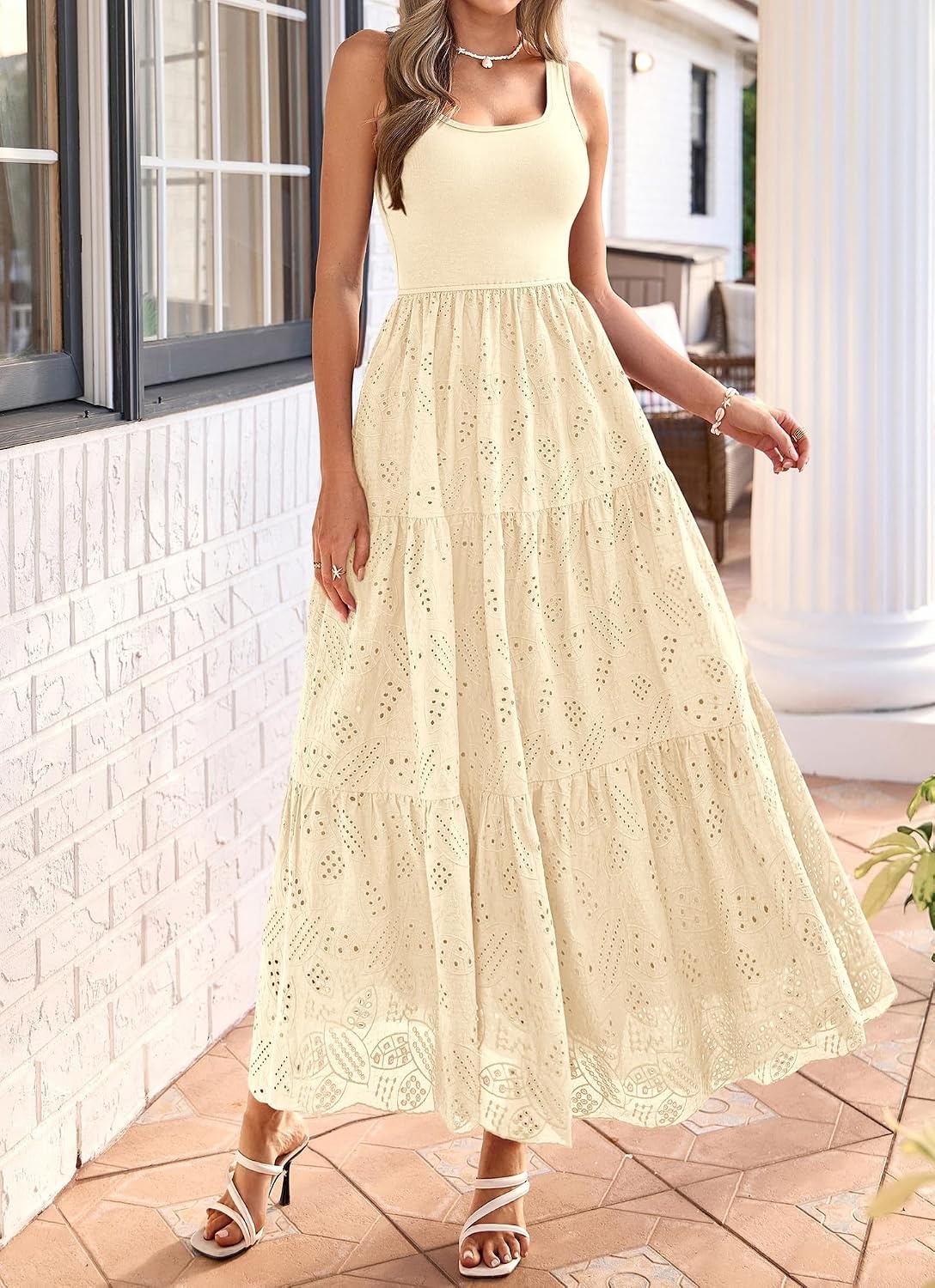 image:imageBTFBM Summer Eyelet Dress for Women Sundresses Casual Boho Sleeveless A Line Flowy 2026 Spring Outfits Midi DressesApricot
