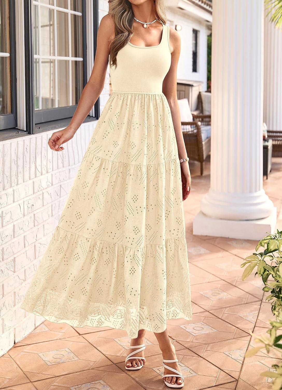 image:imageBTFBM Summer Eyelet Dress for Women Sundresses Casual Boho Sleeveless A Line Flowy 2026 Spring Outfits Midi DressesApricot