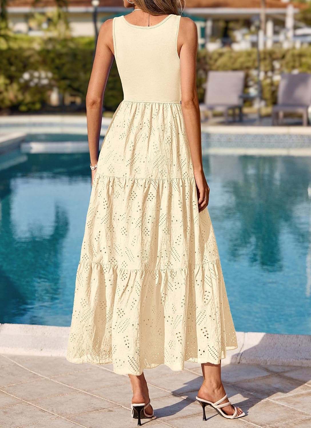 image:imageBTFBM Summer Eyelet Dress for Women Sundresses Casual Boho Sleeveless A Line Flowy 2026 Spring Outfits Midi DressesApricot