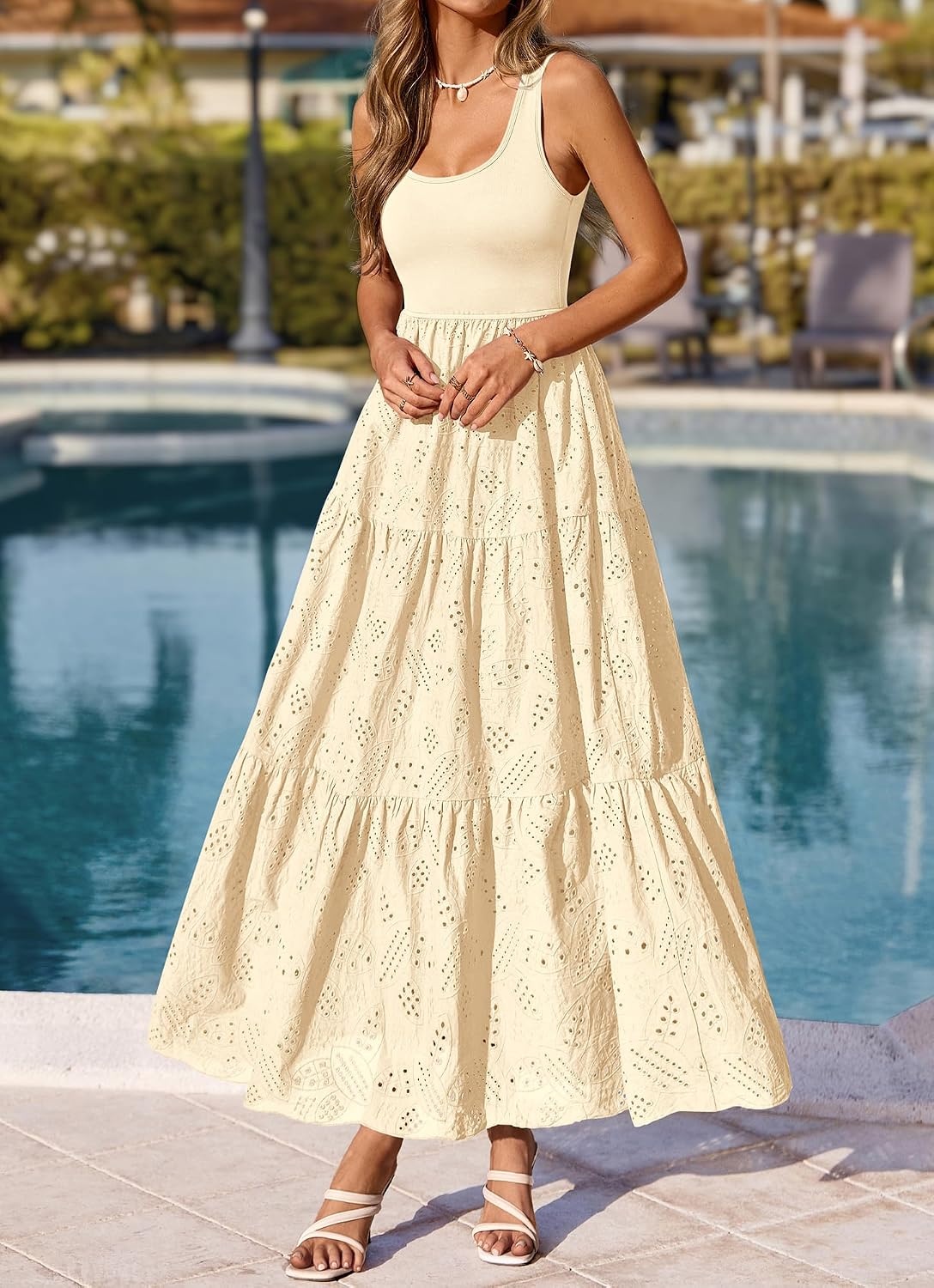 image:imageBTFBM Summer Eyelet Dress for Women Sundresses Casual Boho Sleeveless A Line Flowy 2026 Spring Outfits Midi DressesApricot