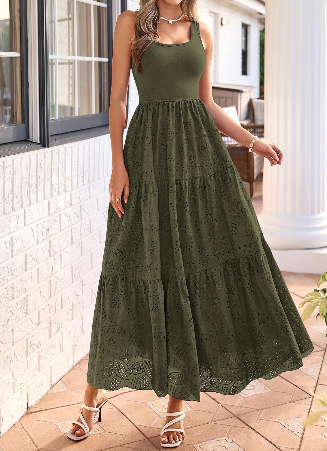 image:imageBTFBM Summer Eyelet Dress for Women Sundresses Casual Boho Sleeveless A Line Flowy 2026 Spring Outfits Midi DressesArmy Green
