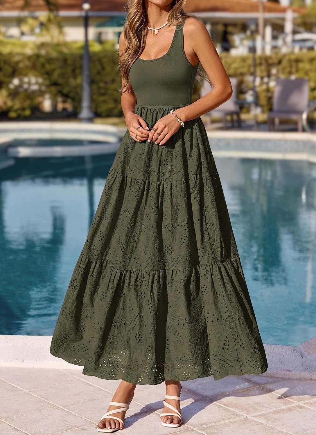 image:imageBTFBM Summer Eyelet Dress for Women Sundresses Casual Boho Sleeveless A Line Flowy 2026 Spring Outfits Midi DressesArmy Green