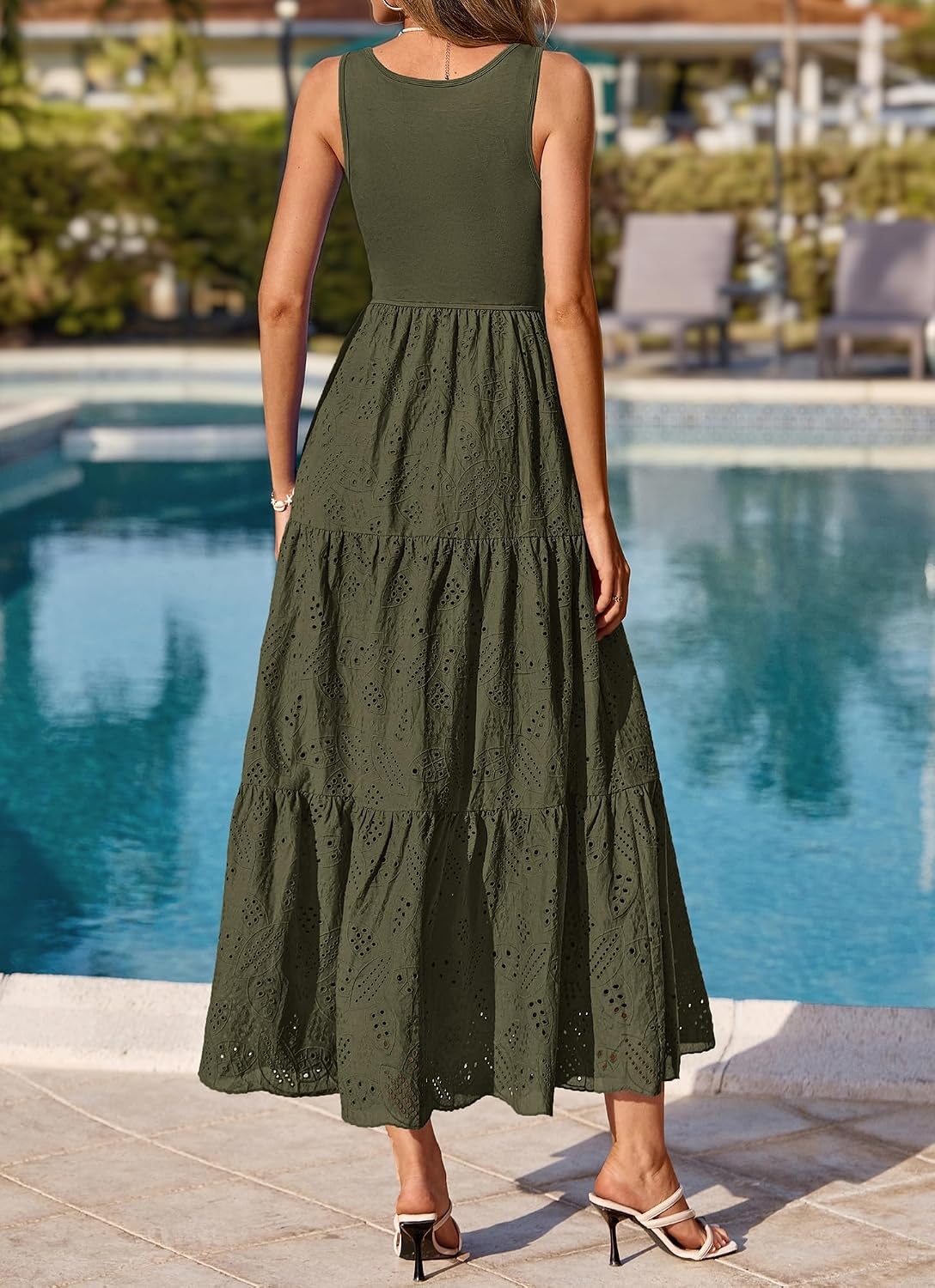 image:imageBTFBM Summer Eyelet Dress for Women Sundresses Casual Boho Sleeveless A Line Flowy 2026 Spring Outfits Midi DressesArmy Green