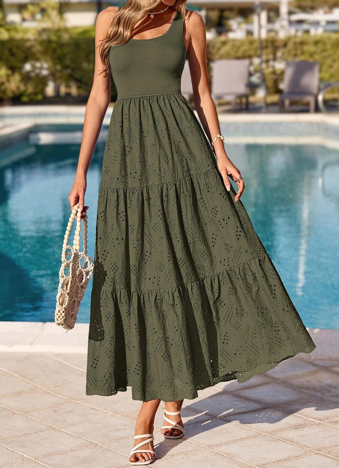 image:imageBTFBM Summer Eyelet Dress for Women Sundresses Casual Boho Sleeveless A Line Flowy 2026 Spring Outfits Midi DressesArmy Green