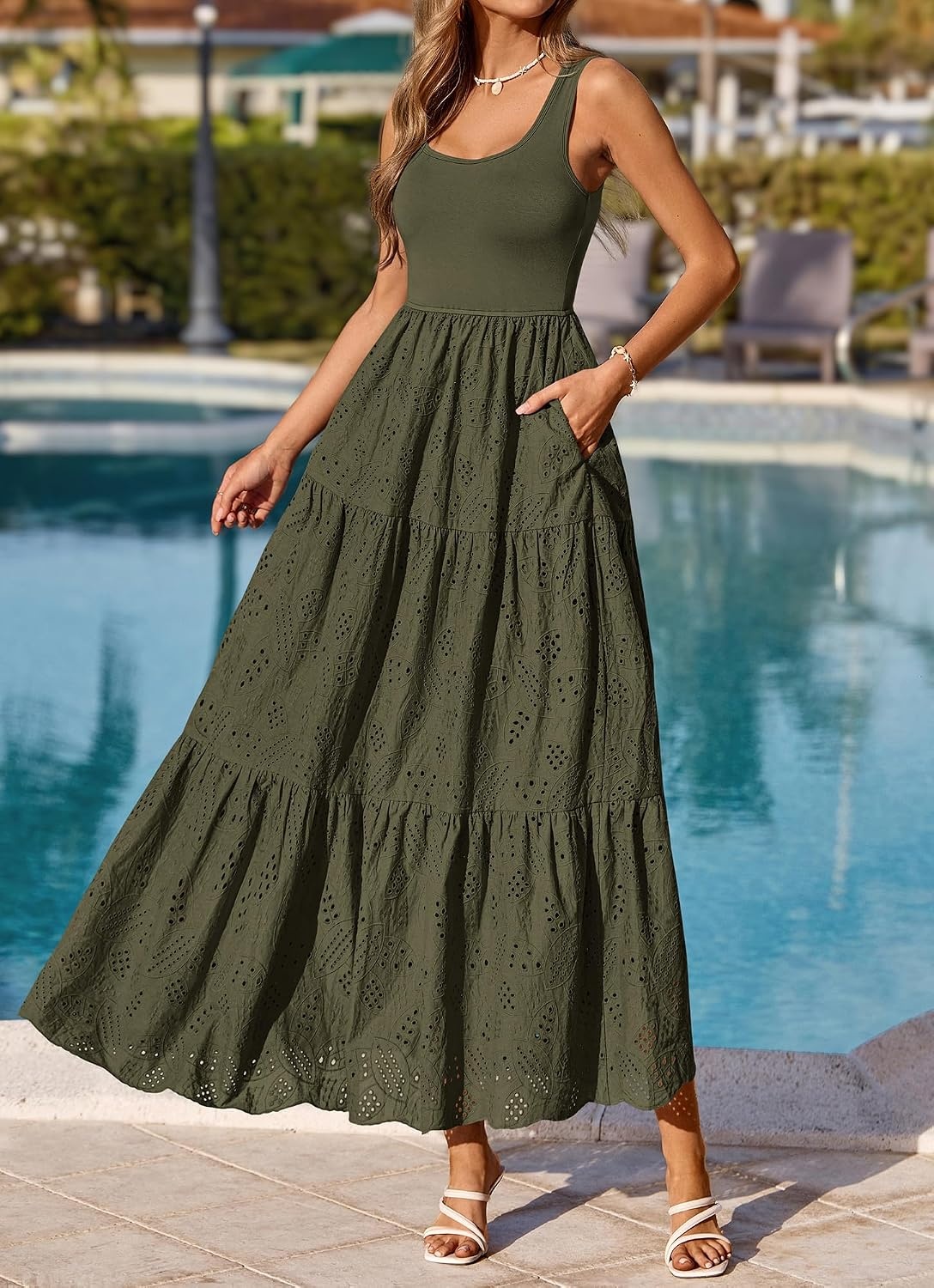 image:imageBTFBM Summer Eyelet Dress for Women Sundresses Casual Boho Sleeveless A Line Flowy 2026 Spring Outfits Midi DressesArmy Green