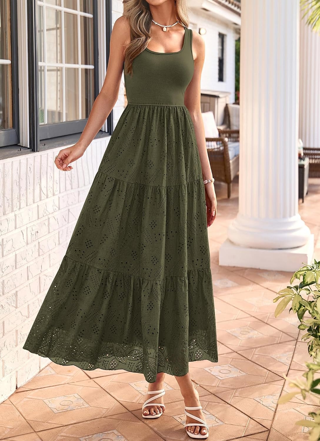 image:imageBTFBM Summer Eyelet Dress for Women Sundresses Casual Boho Sleeveless A Line Flowy 2026 Spring Outfits Midi DressesArmy Green