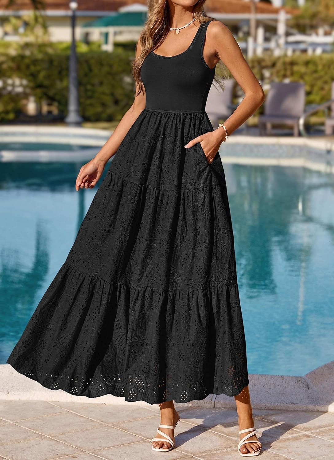 image:imageBTFBM Summer Eyelet Dress for Women Sundresses Casual Boho Sleeveless A Line Flowy 2026 Spring Outfits Midi DressesBlack